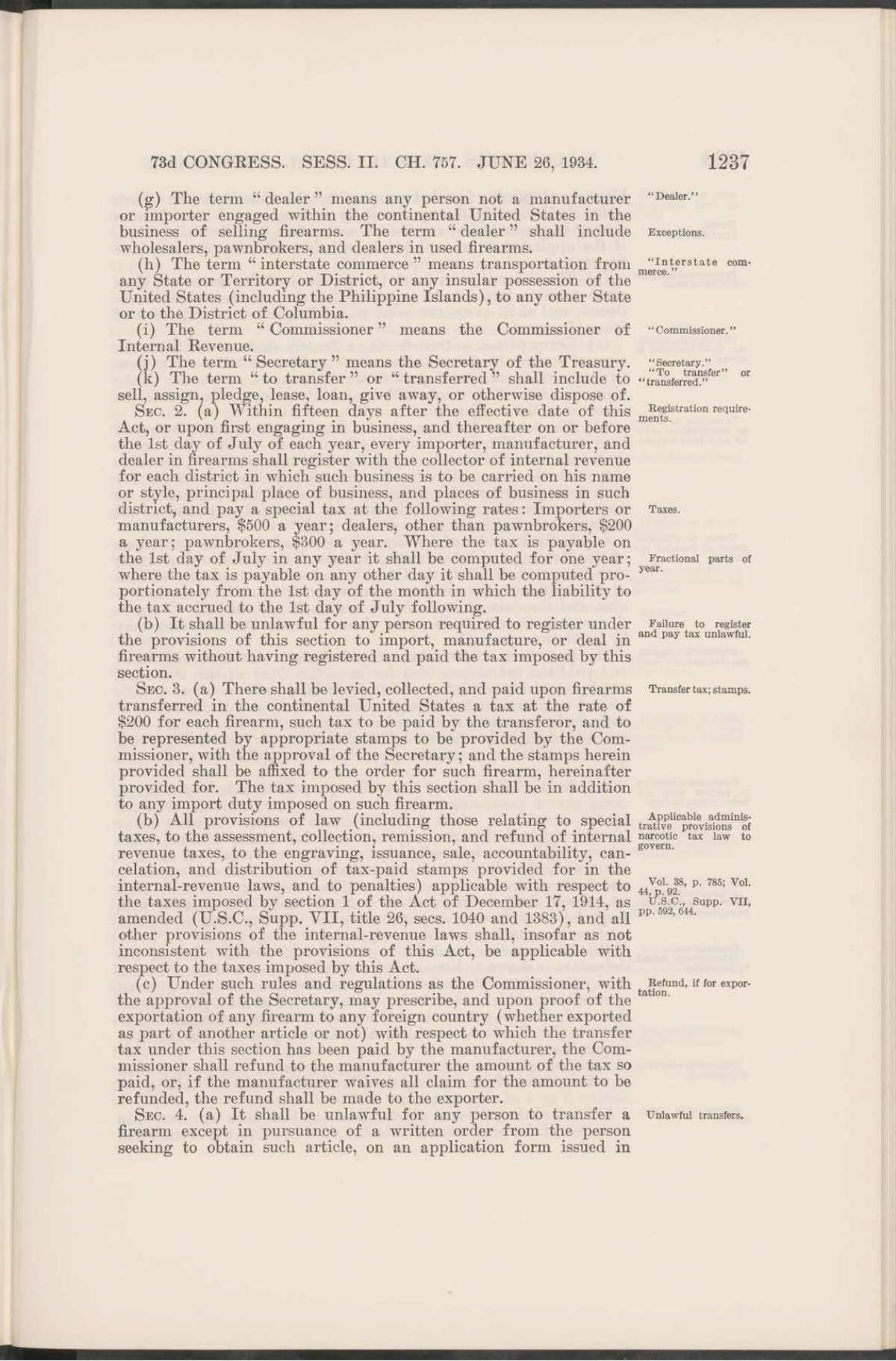 Page 1237 of the 1934 National Firearms Act, with annual business taxes in section 2 and the $200 transfer tax in section 3.
