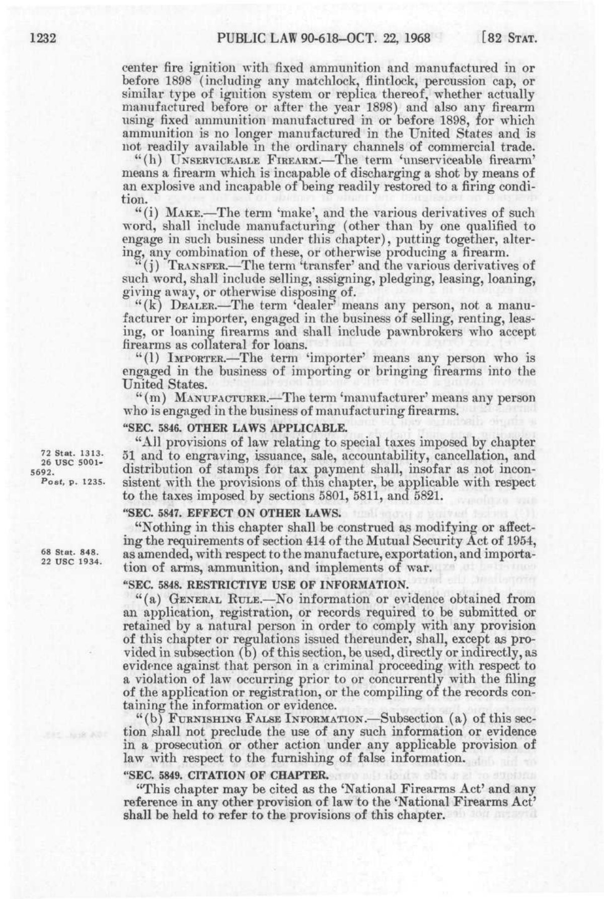 Page 1232 of the Gun Control Act of 1968, showing section 5848, Restrictive Use of Information, in the lower portion.