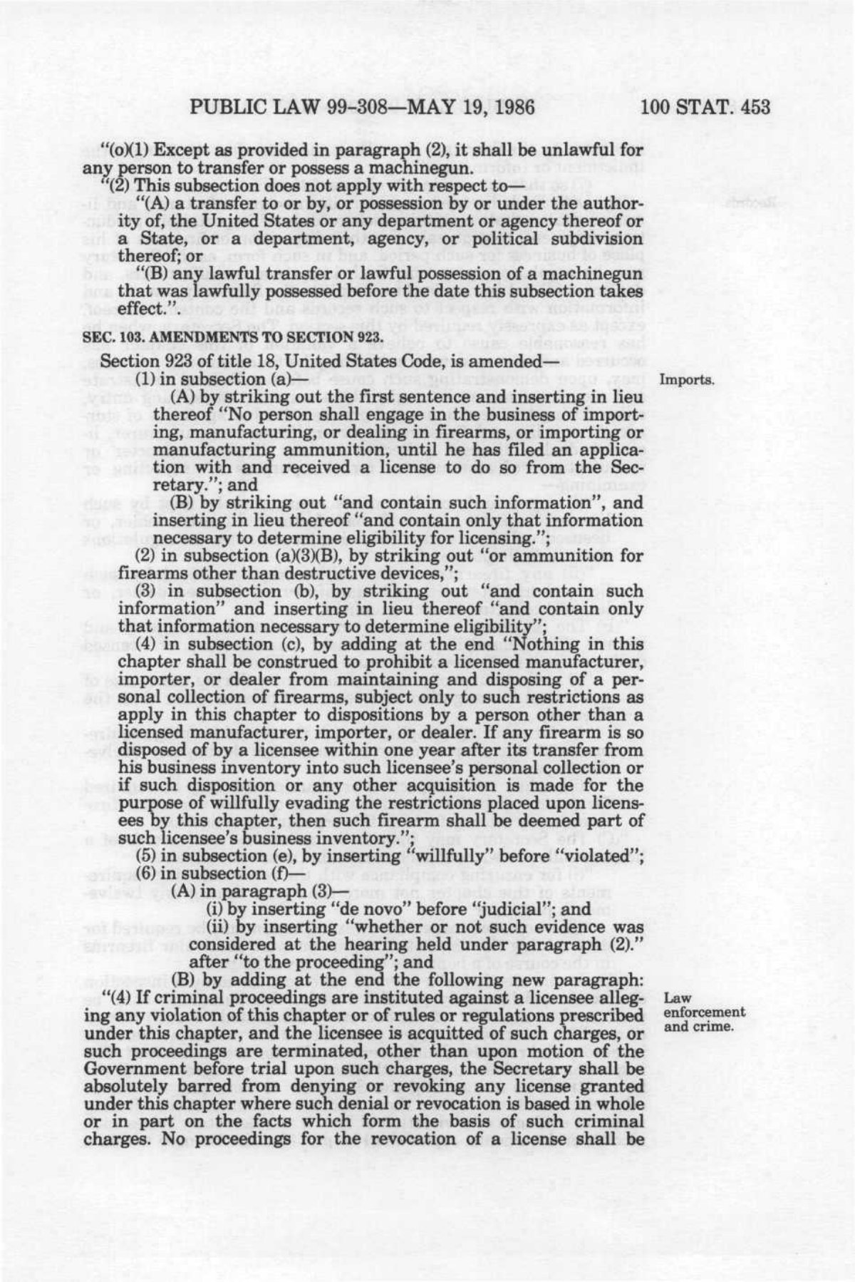 Page 453 of the Firearms Owners’ Protection Act, with the machine gun prohibition and its two exceptions at the top.